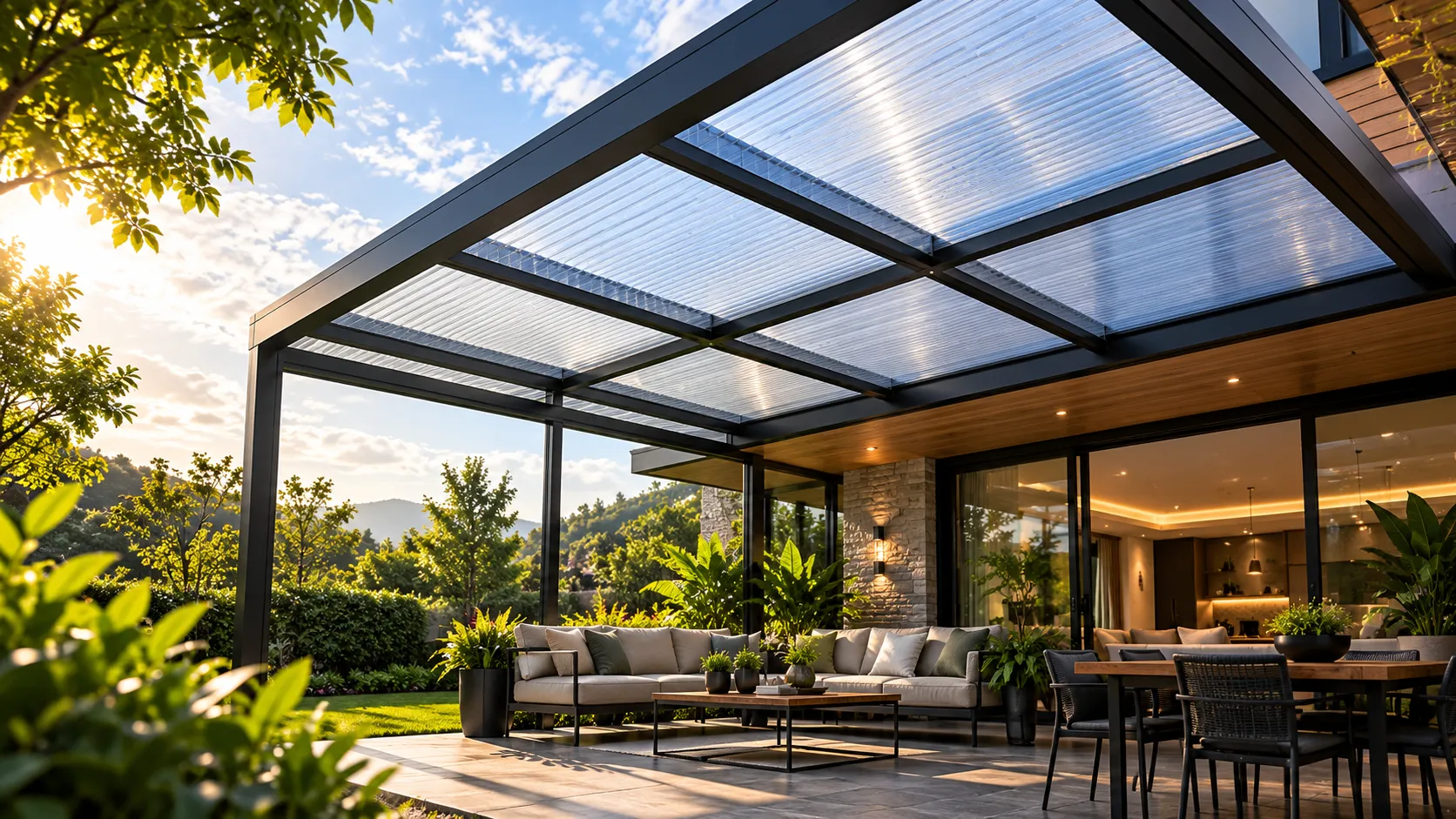 Pérgola con techo de policarbonato celular cristal sobre una terraza